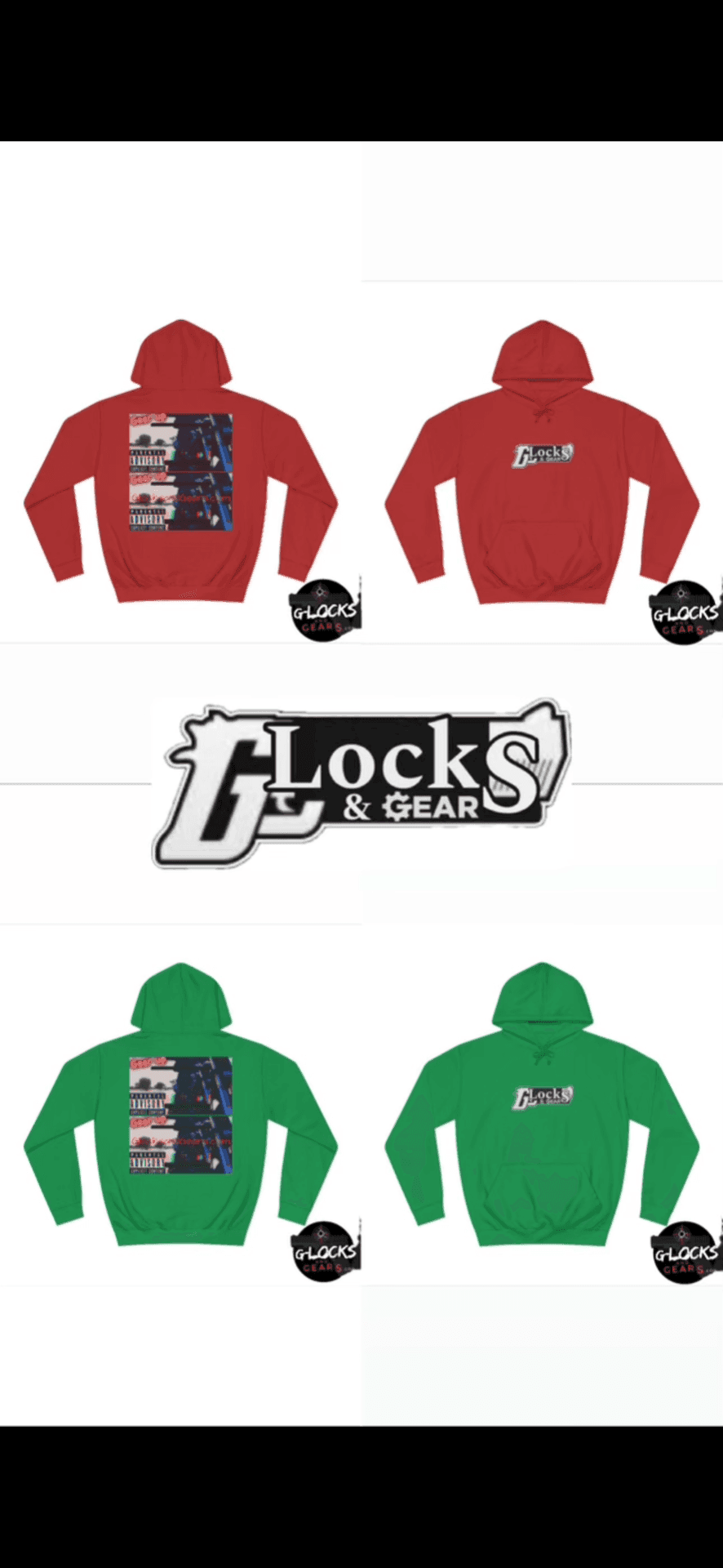 Red and green hoodies with graphics, displayed with 'Glocks & Gear' logo.