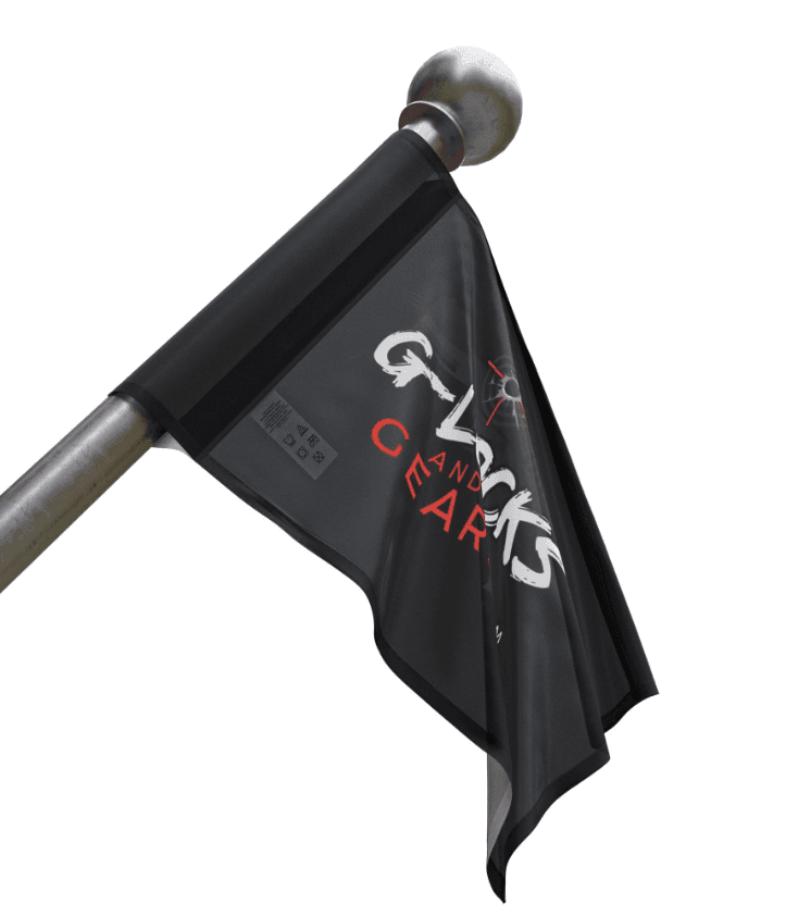 Black flag with white and red text on a flagpole.