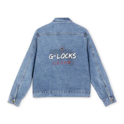 Back view of a denim jacket with embroidered text on the back.