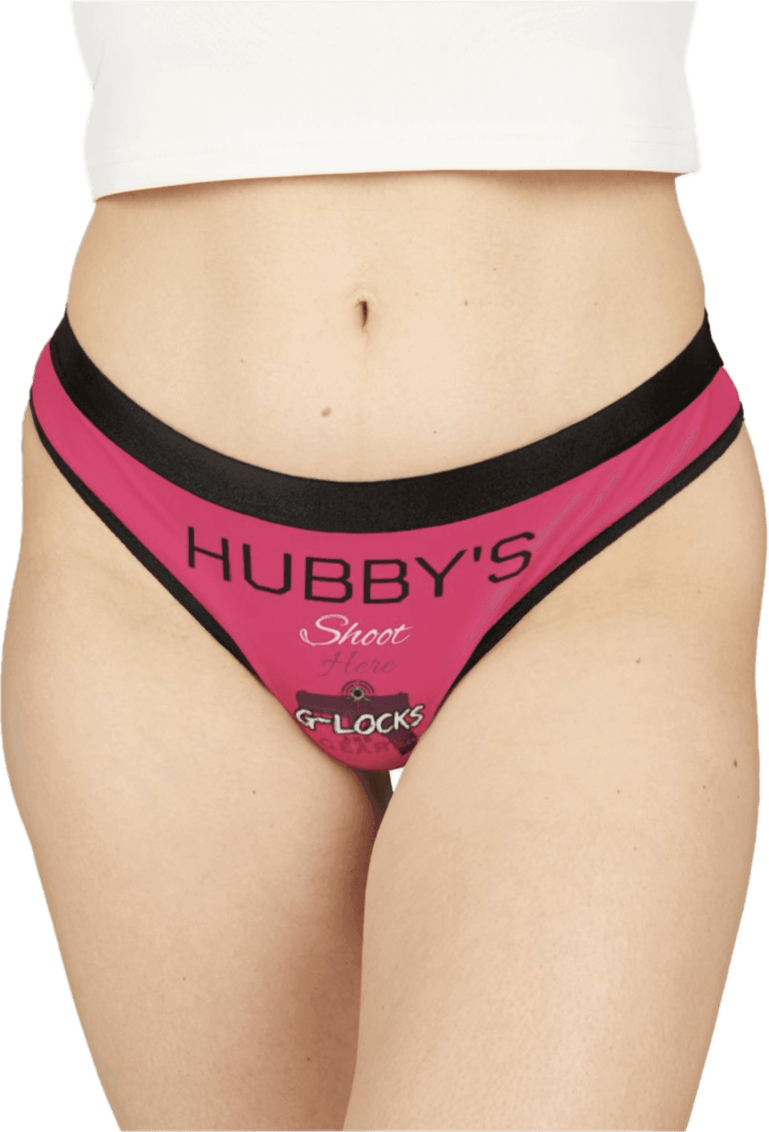Woman wearing pink underwear with humorous text design.