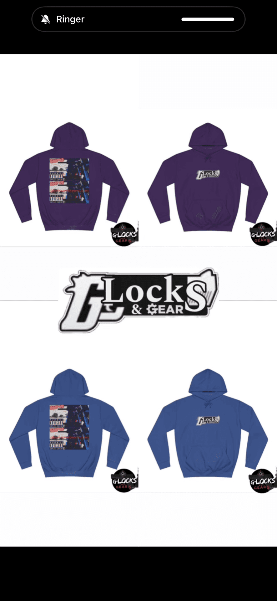 Purple and blue hoodies with graphic designs, labeled 'Glocks & Gear'.