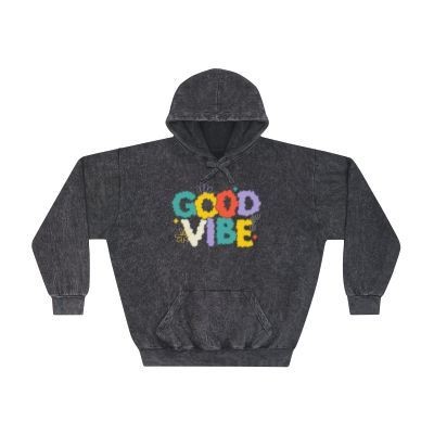 Black hoodie with colorful 'GOOD VIBE' text on the front.