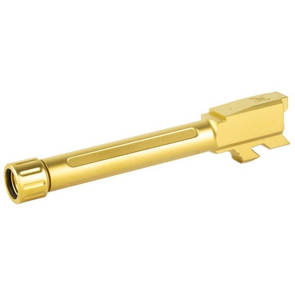 Gold-colored metal gun barrel with a threaded end and rectangular block at the base.