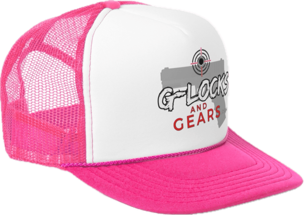 Pink and white trucker cap with 'G-Locks and Gears' logo.