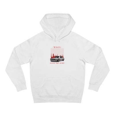 White hoodie featuring a car graphic with red grid and skyline detail on the front.