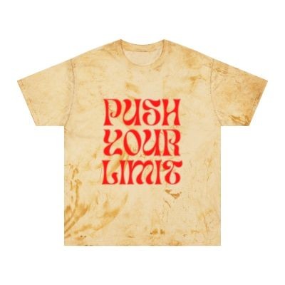 Tie-dye shirt with red 'Push Your Limit' text on front.
