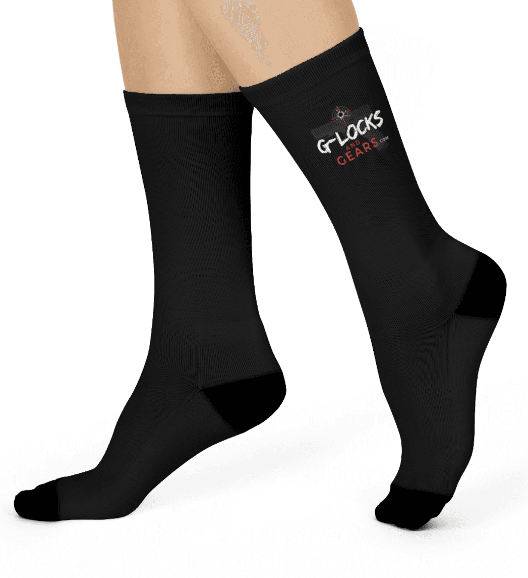 Person wearing black socks with printed text logo and design detail on the side.